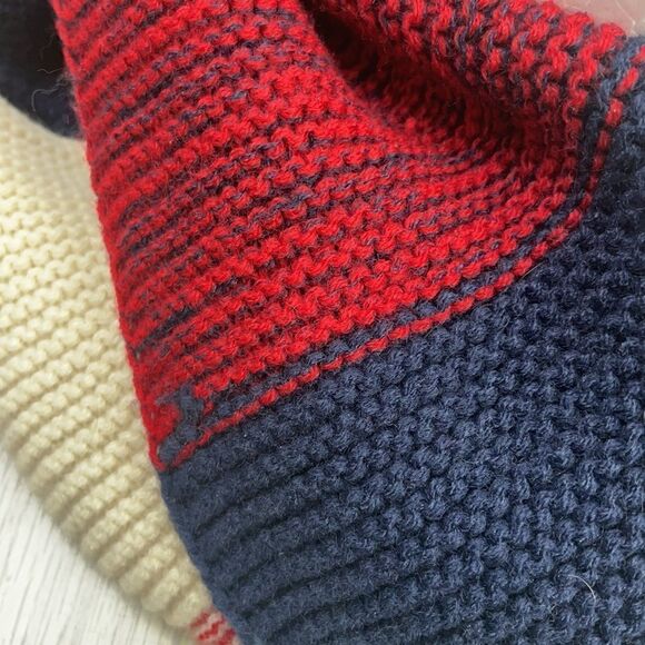 Look.  Knit unisex Red, Blue and Tan Infinity Scarf - Picture 2 of 9